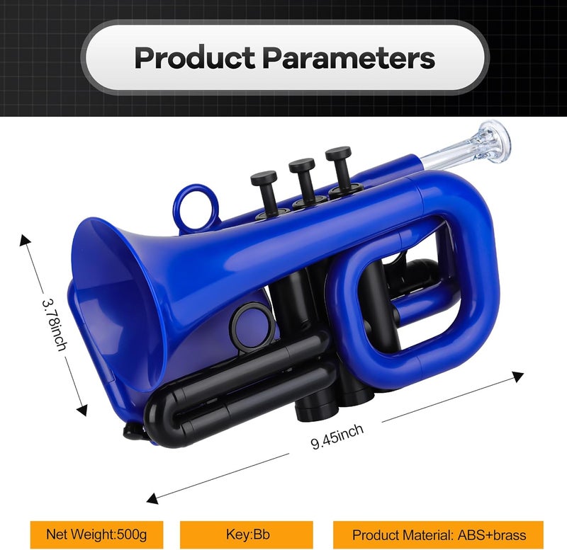 PAMPET DOLPHIN Pocket Trumpet Plastic Bb Trumpet Standard Trumpets for Student Beginner Bb Trumpets Instrument (Blue) - Image 3
